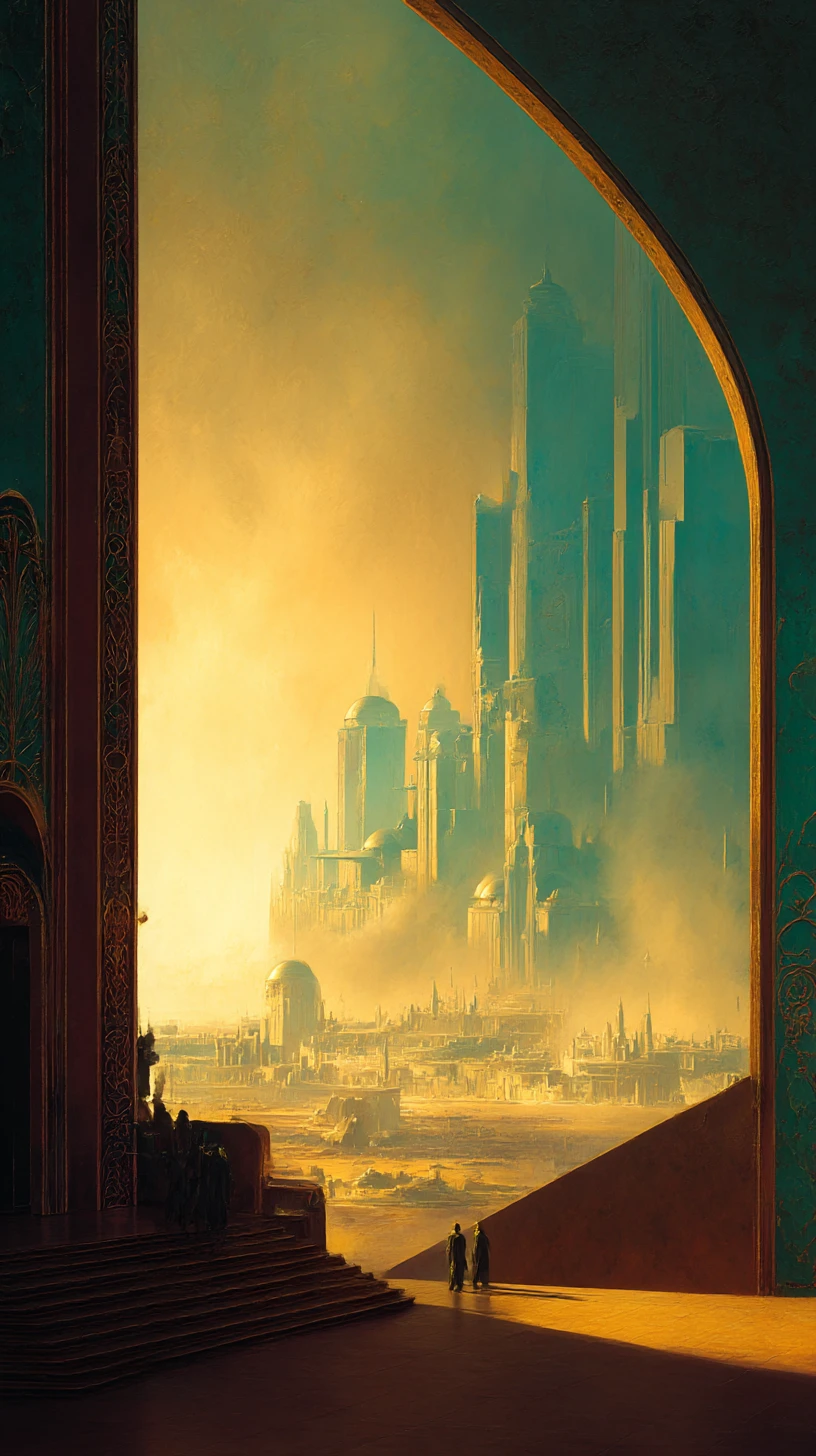 Épico paisaje de fantasía dorado con un horizonte lejano resplandeciente