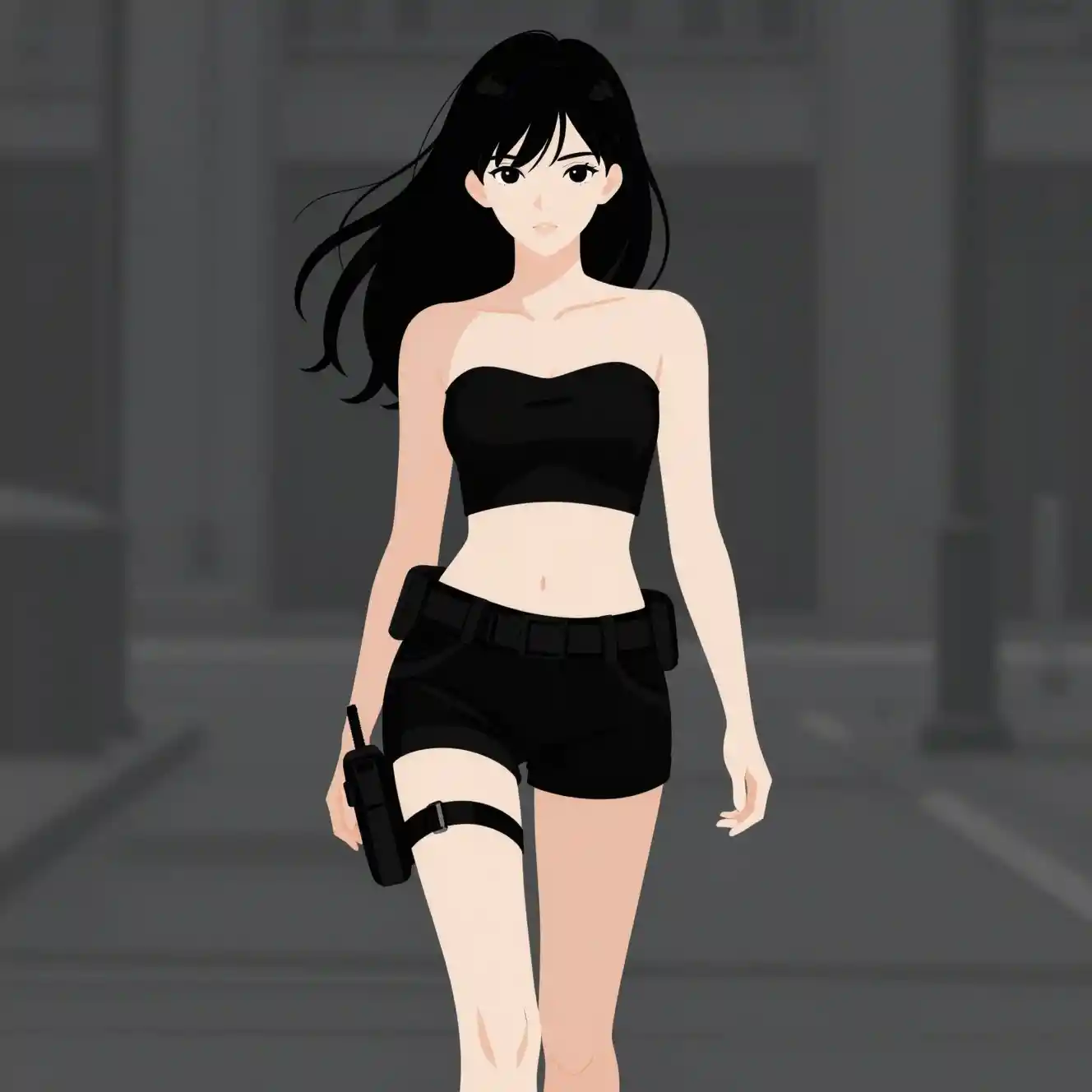 Chica de anime caminando en una escena urbana minimalista