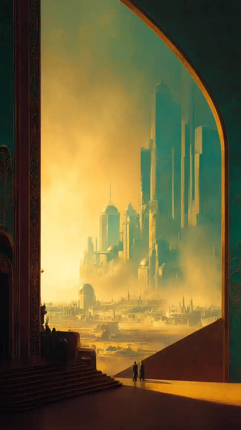 Epico paesaggio fantasy dorato con lontano orizzonte luminoso