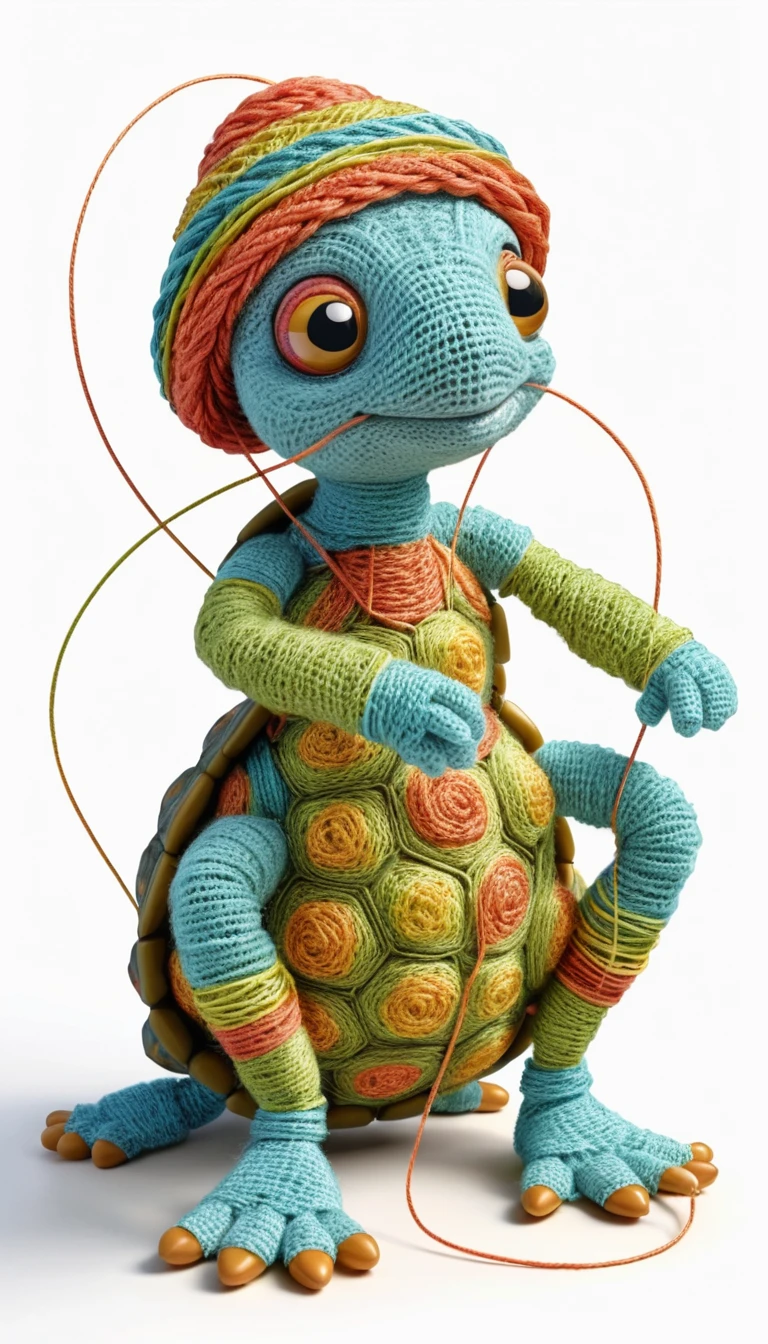 Anthropomorphic thread fairy sitting on a turtle yarn ball