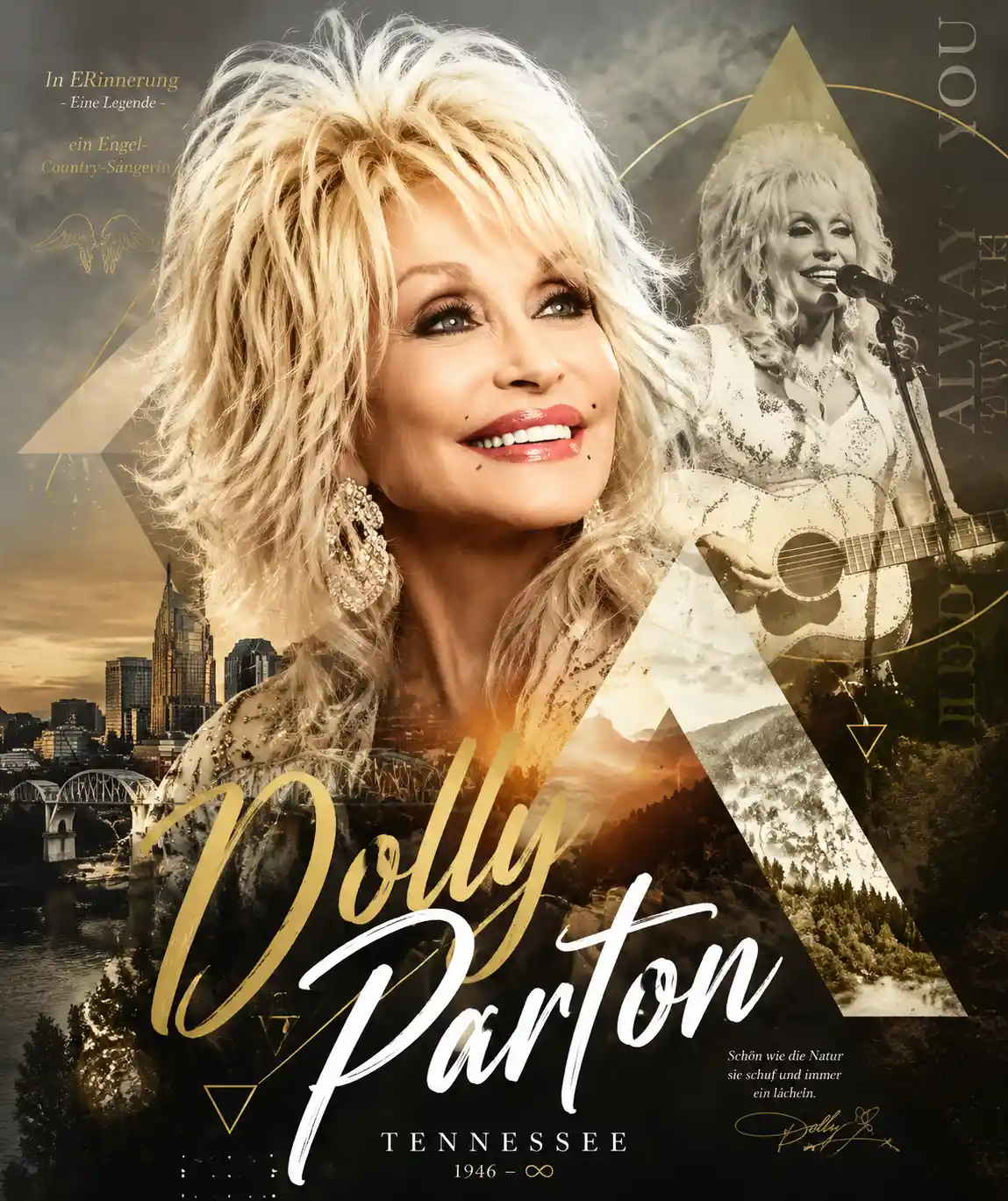 Cantante country gioiosa con capelli platino spettinati in doppia esposizione