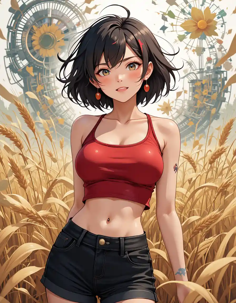Chica de anime con atuendo rojo en un campo de trigo soleado
