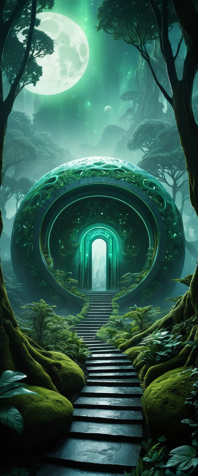 Futuristic house in a glowing jade bioluminescent forest