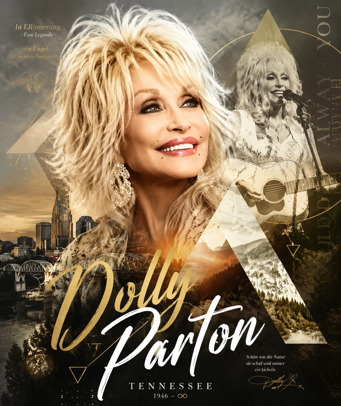 Cantante country gioiosa con capelli platino spettinati in doppia esposizione