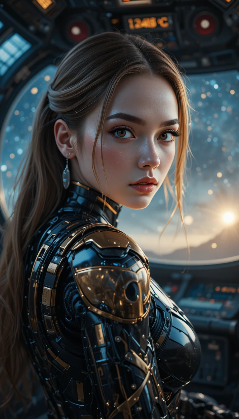 Mujer cíborg en cabina de nave espacial con vista galáctica