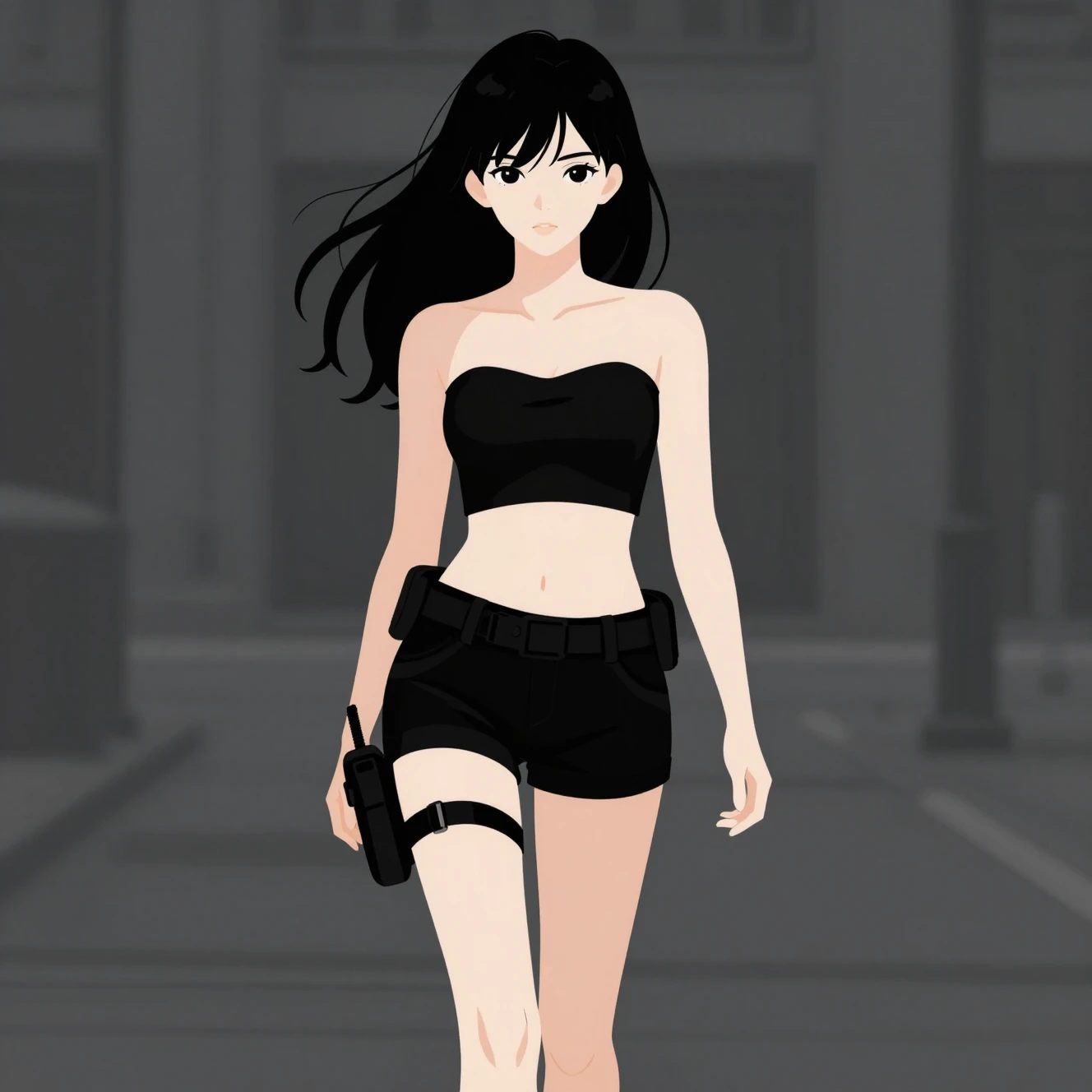 Chica de anime caminando en una escena urbana minimalista