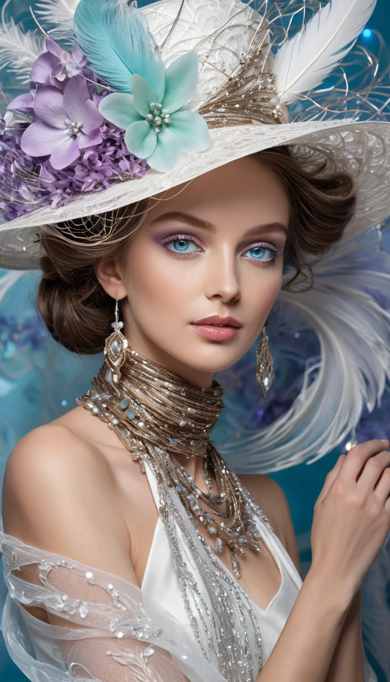 Retrato en arte de alambre de mujer con sombrero de plumas