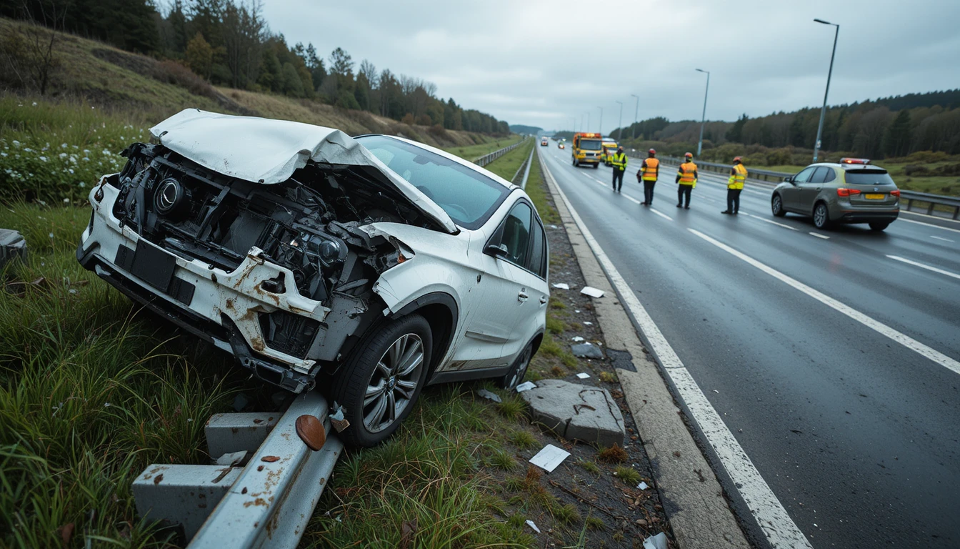 Vue en plongée sur une scène d’accident d’un SUV de luxe sur autoroute