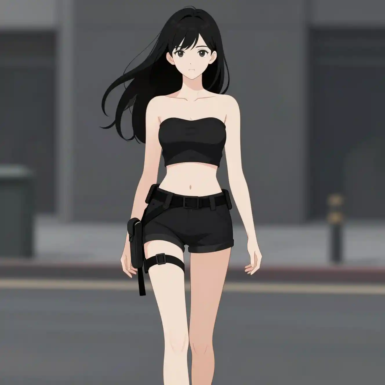 Mulher de anime caminhando para a frente em cena urbana