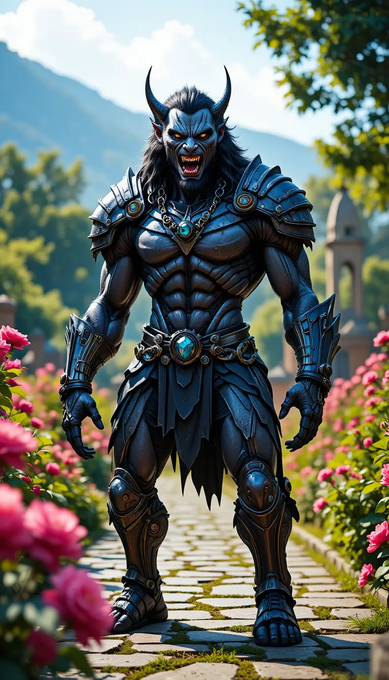Armored werewolf warrior in a sunlit garden