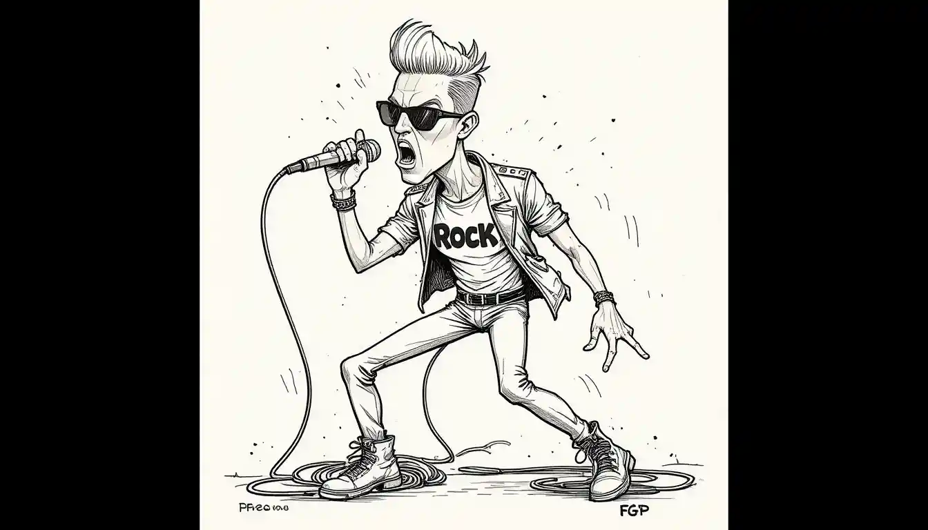 Energetic rock singer caricature in bold line art style
