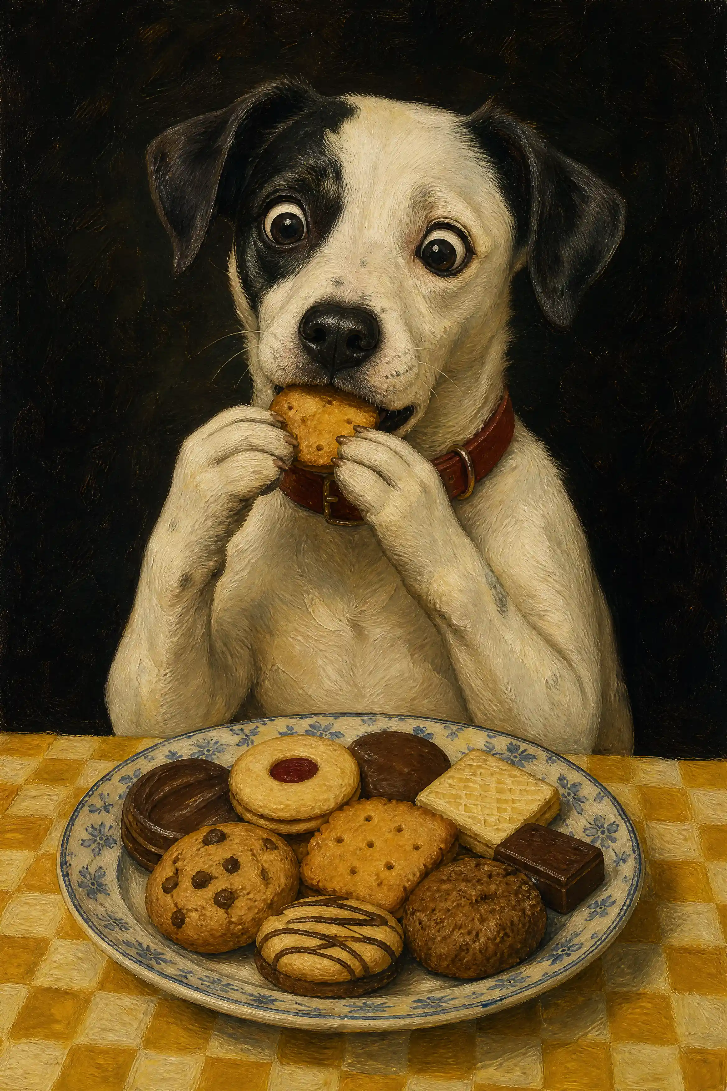 White dog eating cookies at a table in oil painting