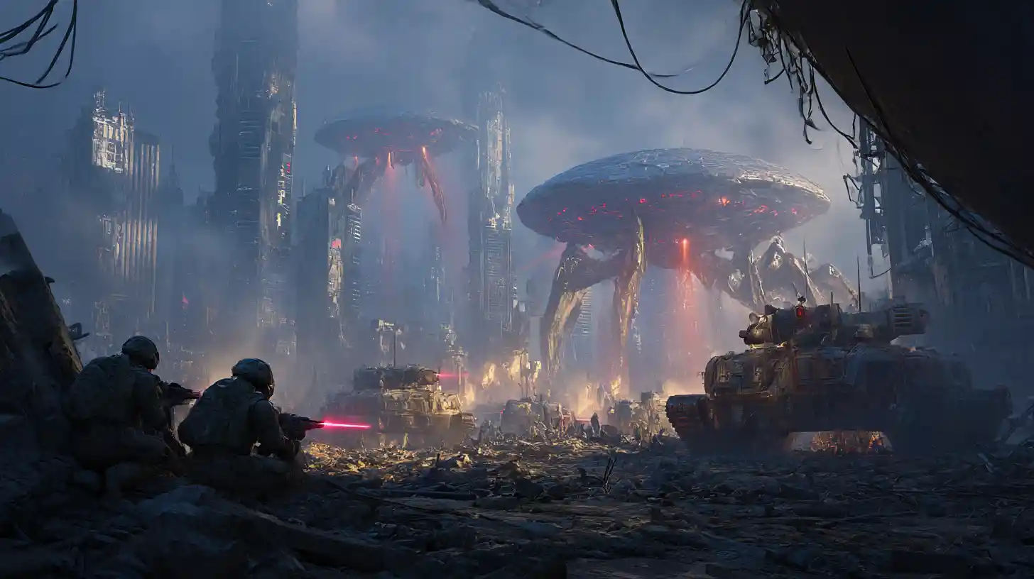 Humans fight alien tanks in a ruined futuristic city
