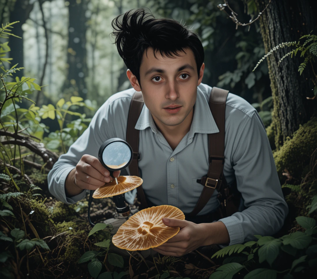 Botanist studying rare mushrooms in ancient forest