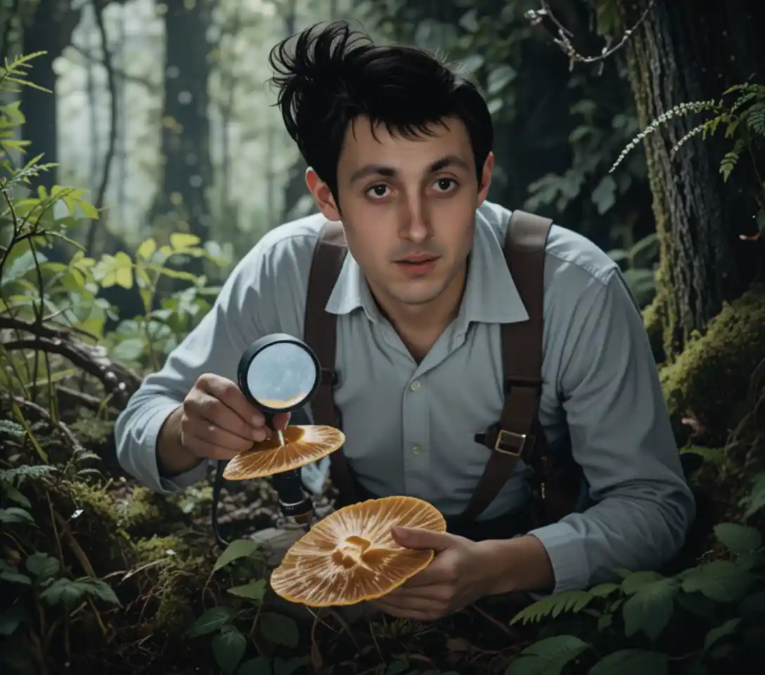 Botanist studying rare mushrooms in ancient forest