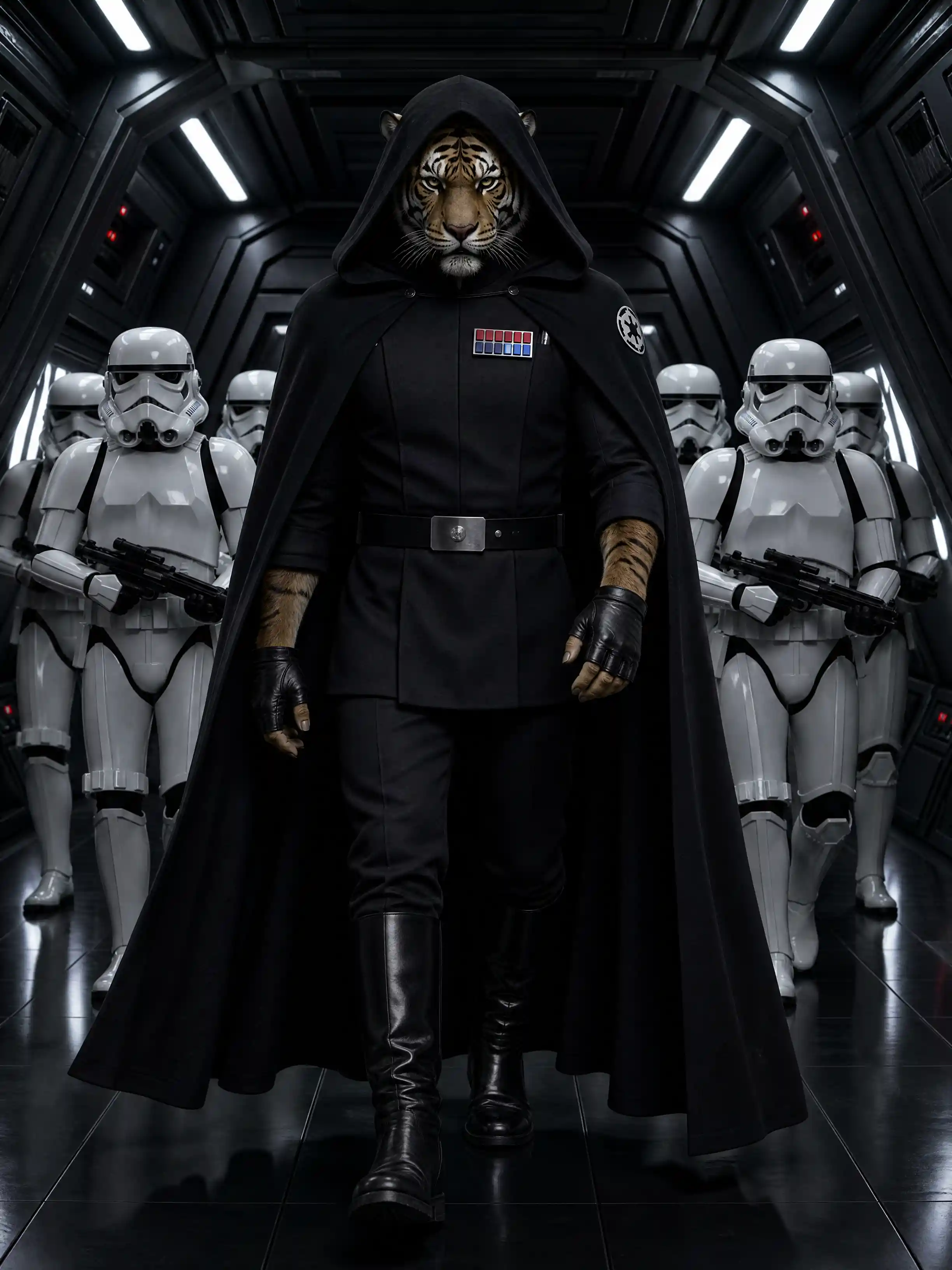 Tiger officer in black uniform leading stormtroopers corridor