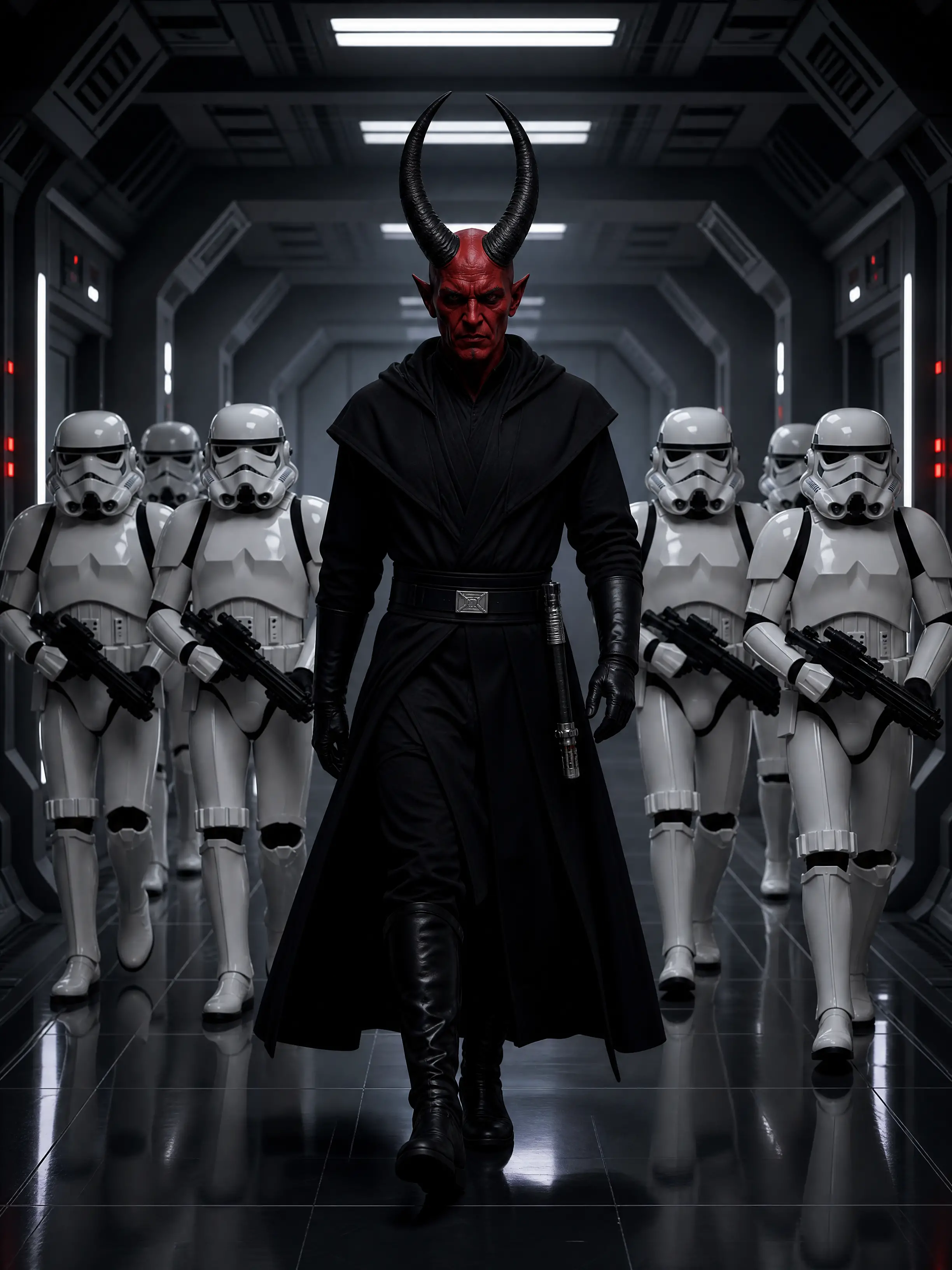 Red skinned sith walks with stormtroopers in starship corridor