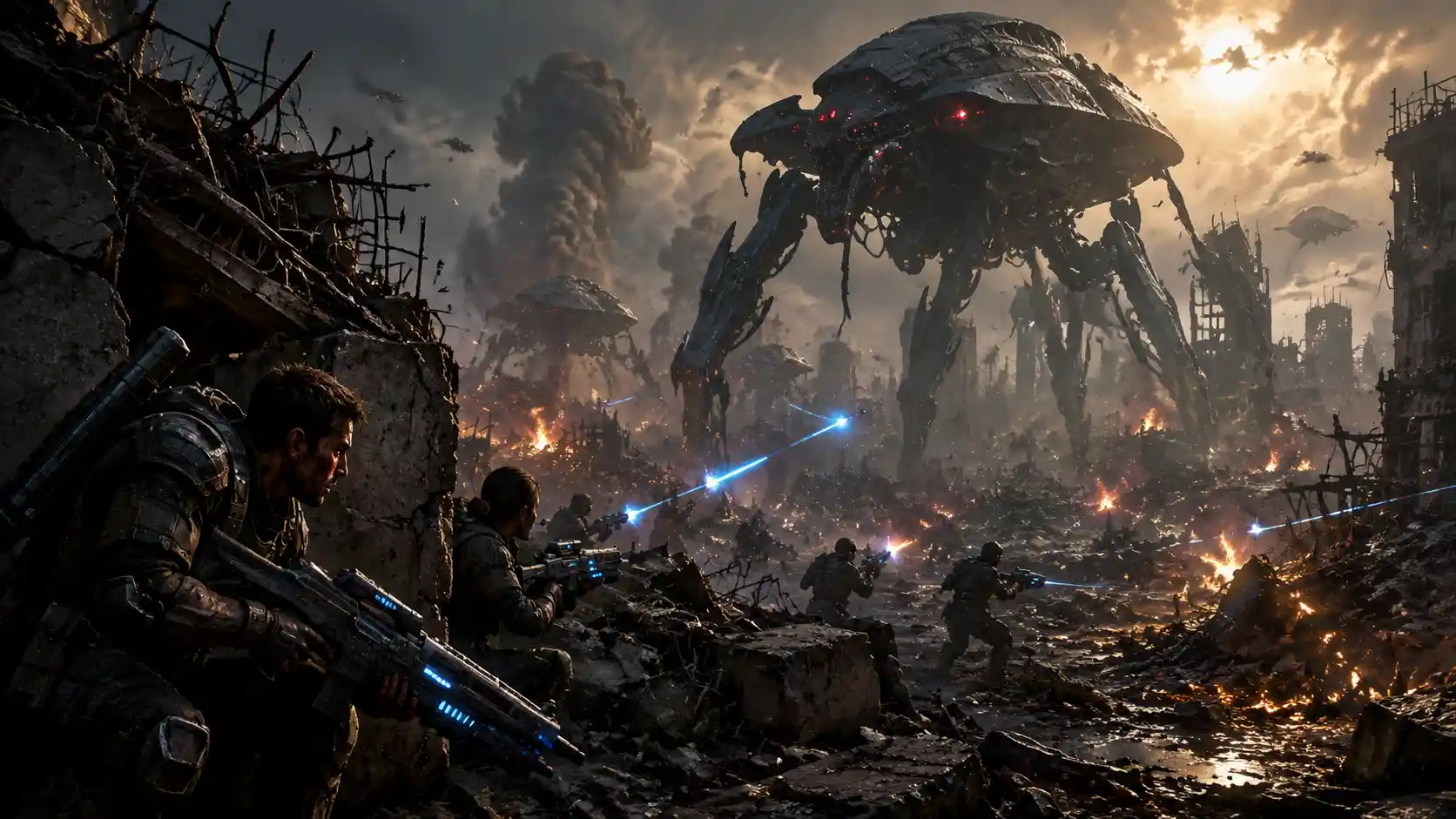 Human soldiers battle alien walkers in ruined city streets