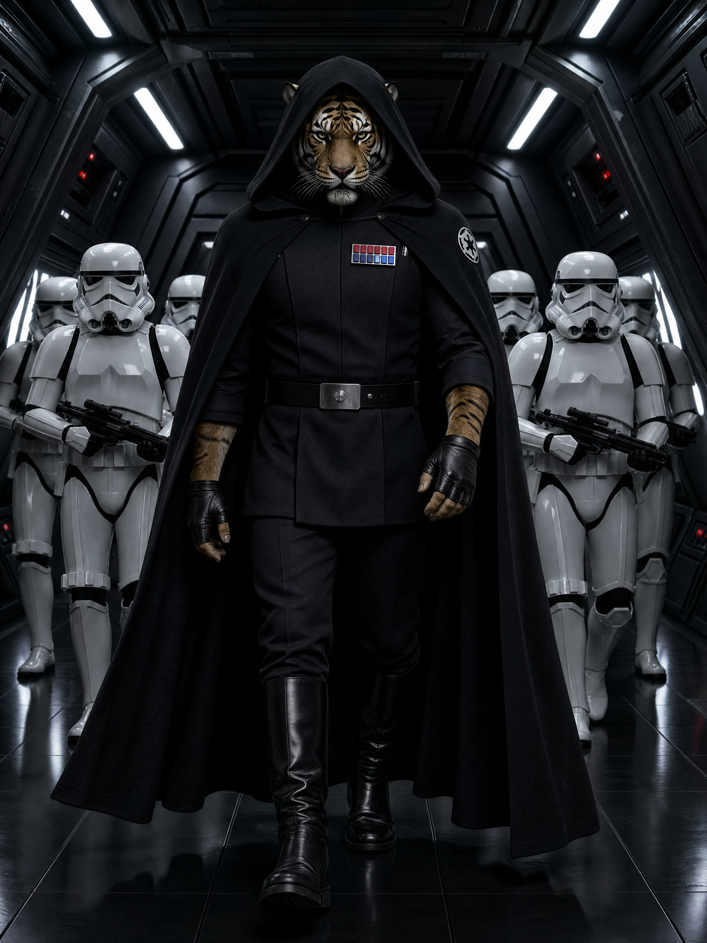 Tiger officer in black uniform leading stormtroopers corridor