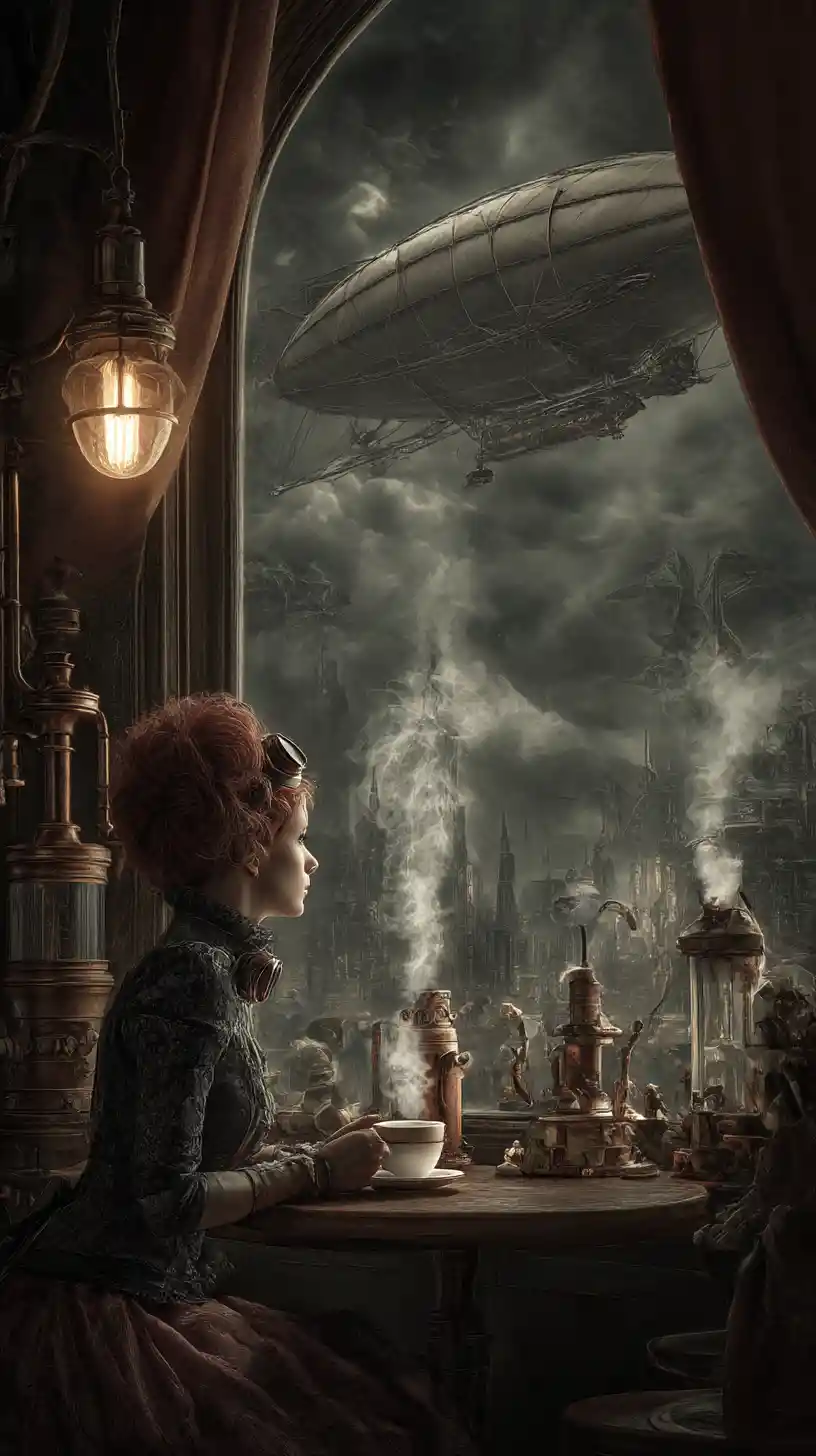 Cafetería victoriana steampunk con joven disfrutando de un café