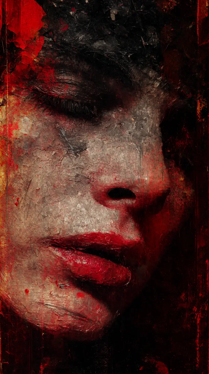 Shadowy humanscape in thick tactile red oil painting