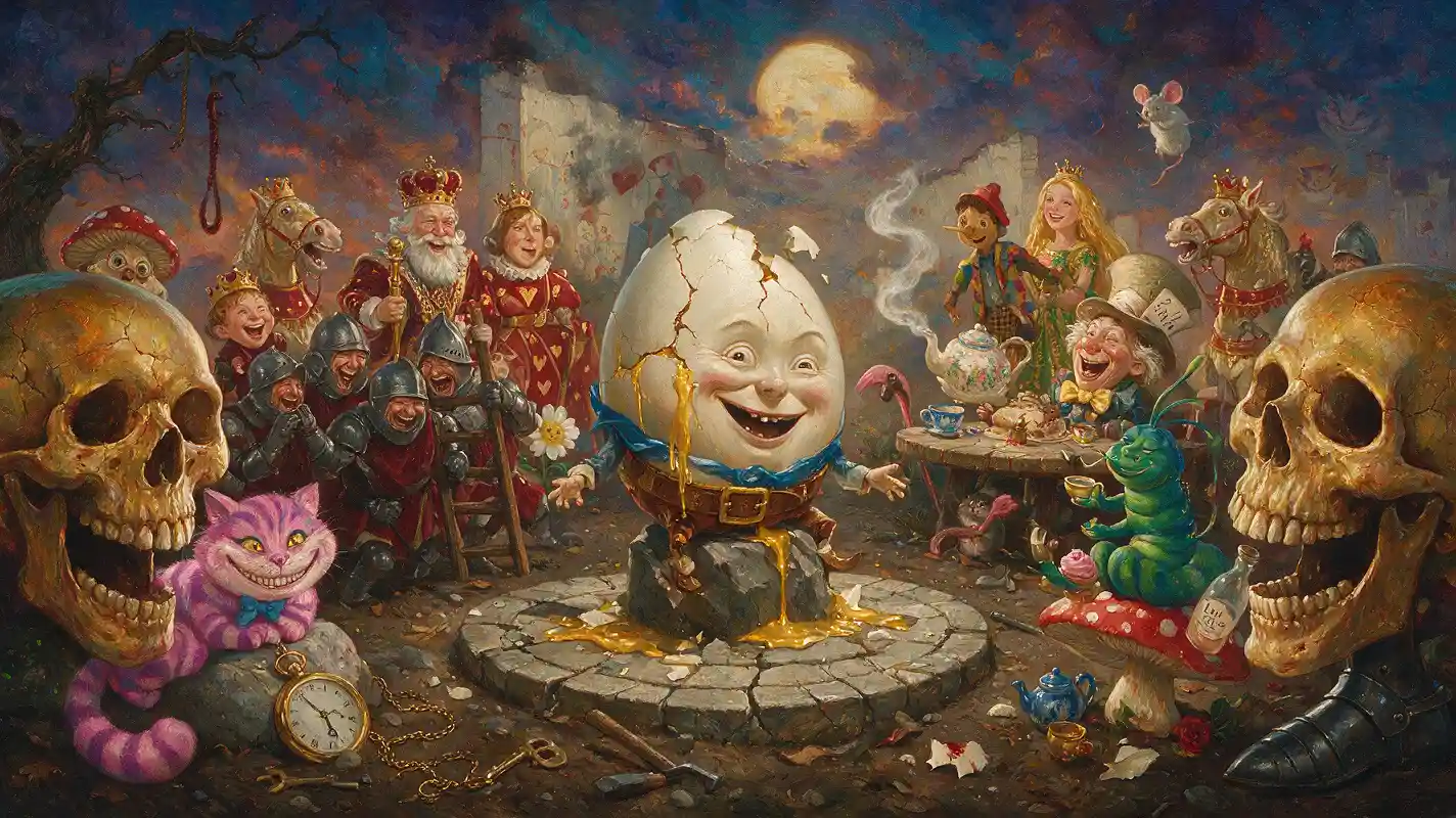 Humpty Dumpty zerbrochen an einer Wand im surrealen Horror
