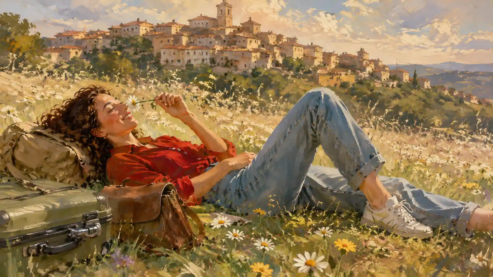Young woman in grass field smelling a daisy