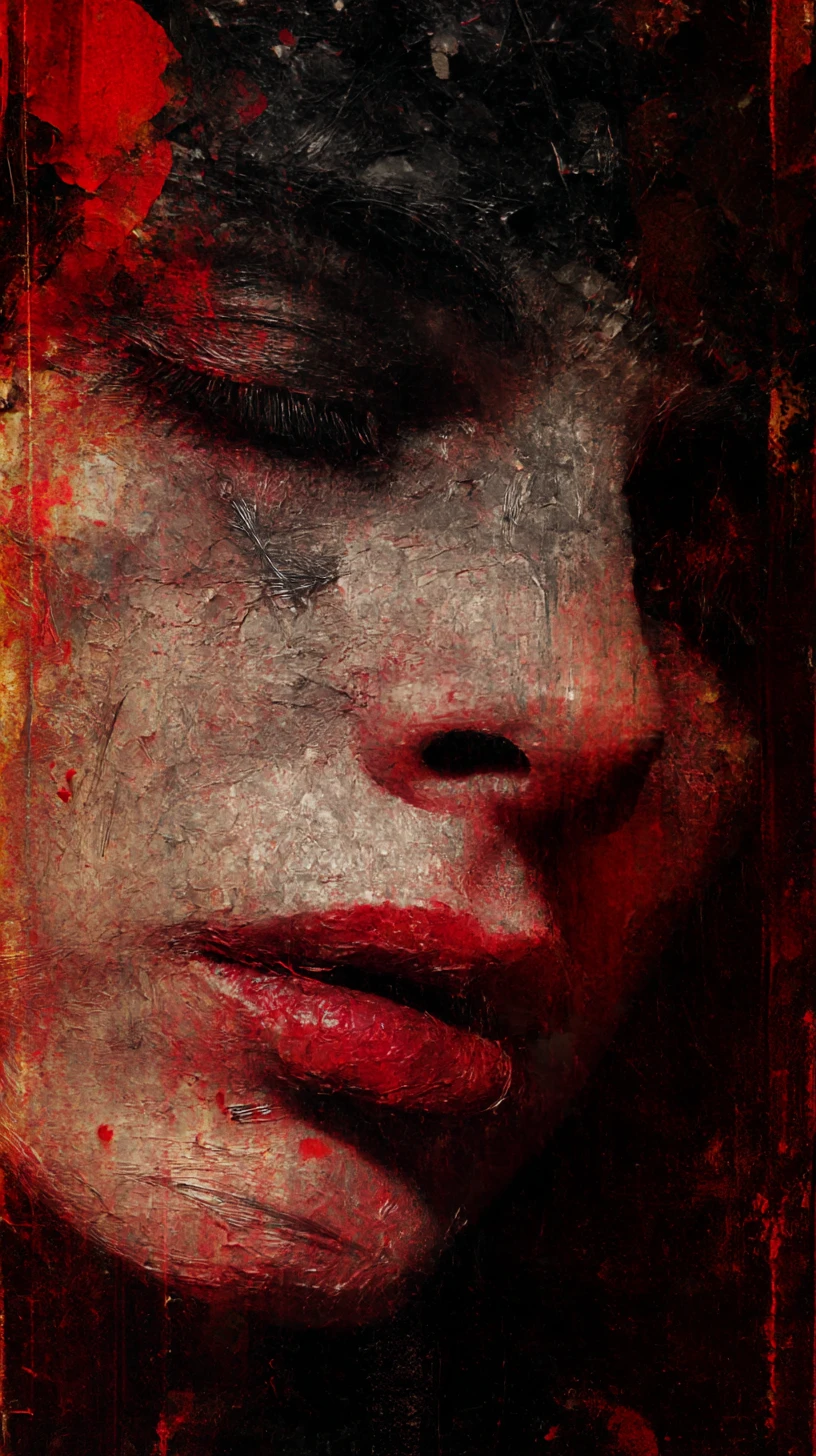Paesaggio umano oscuro in spessa pittura a olio rossa materica