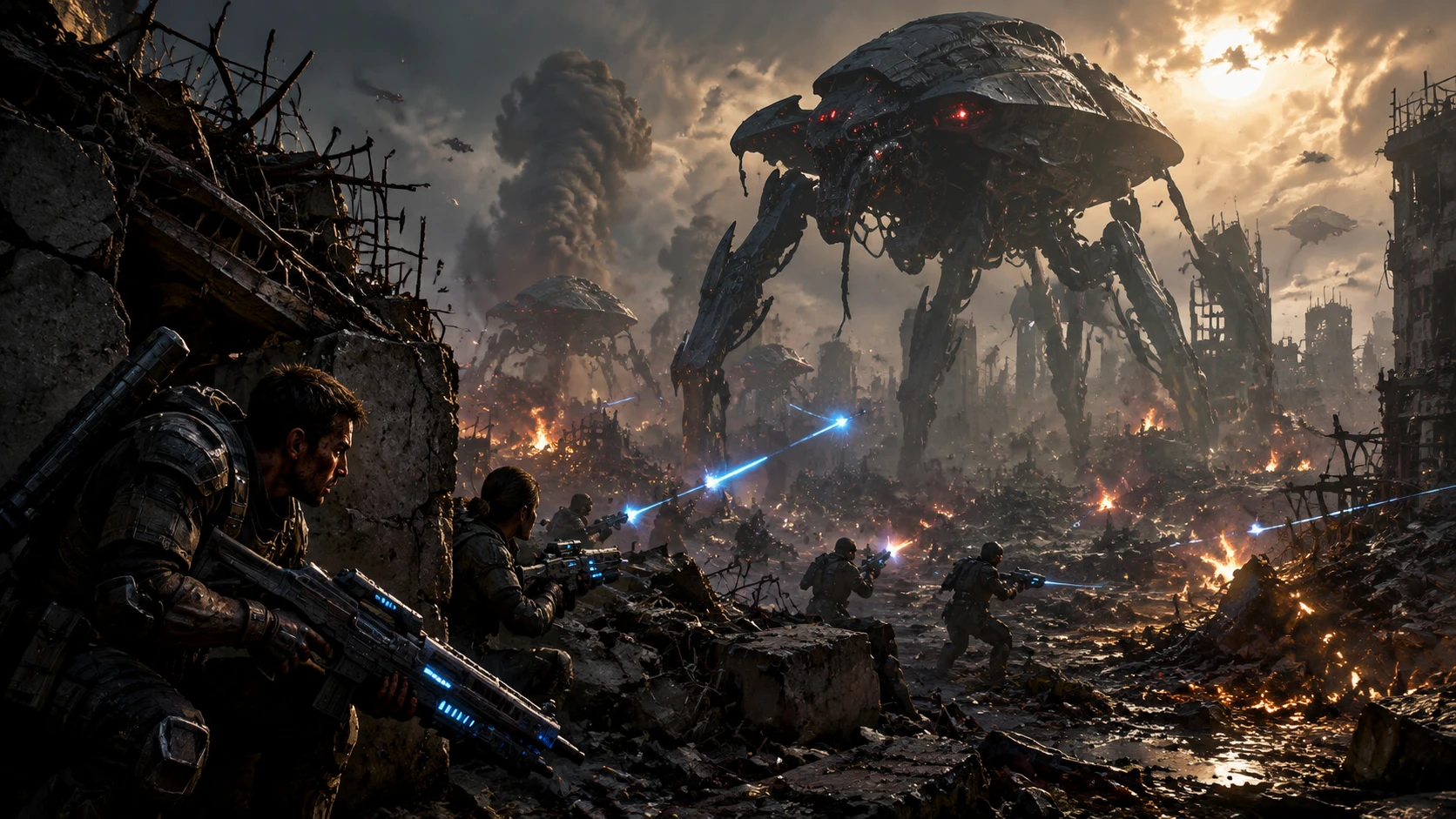 Human soldiers battle alien walkers in ruined city streets