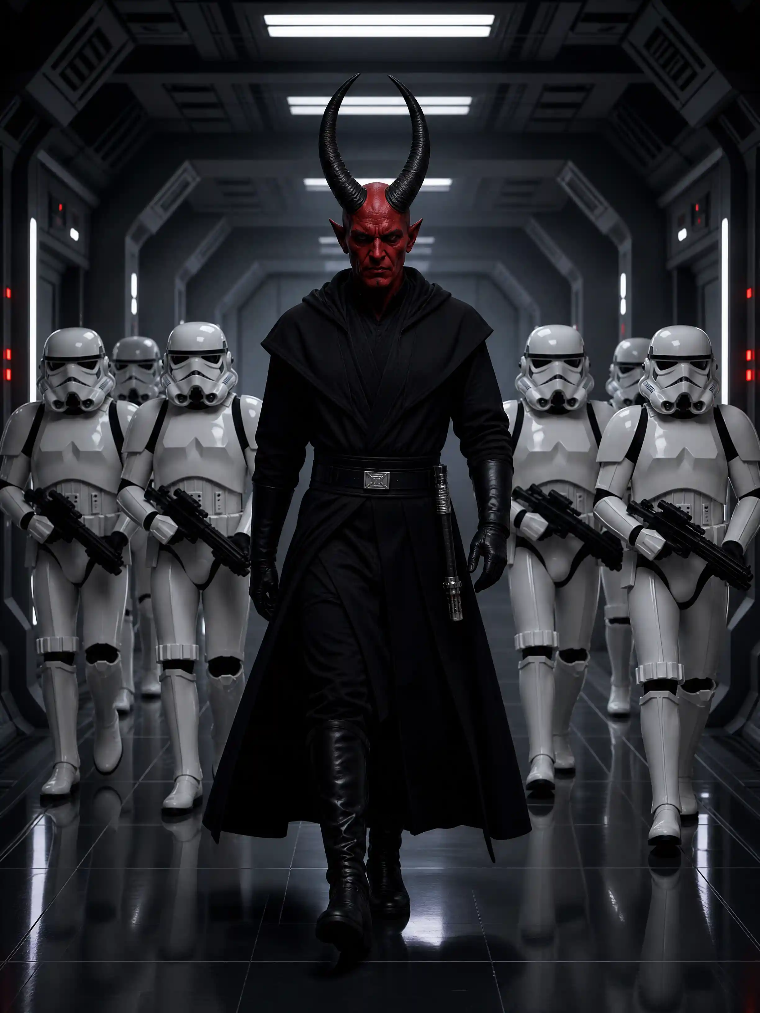 Red skinned sith walks with stormtroopers in starship corridor