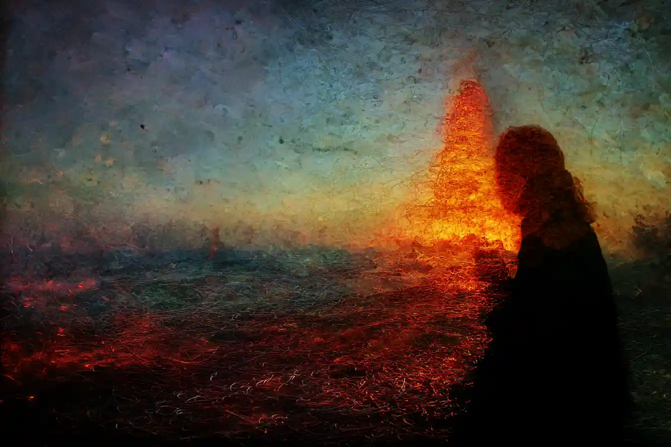 Surreal impasto humanscape in a shadowy diorama scene