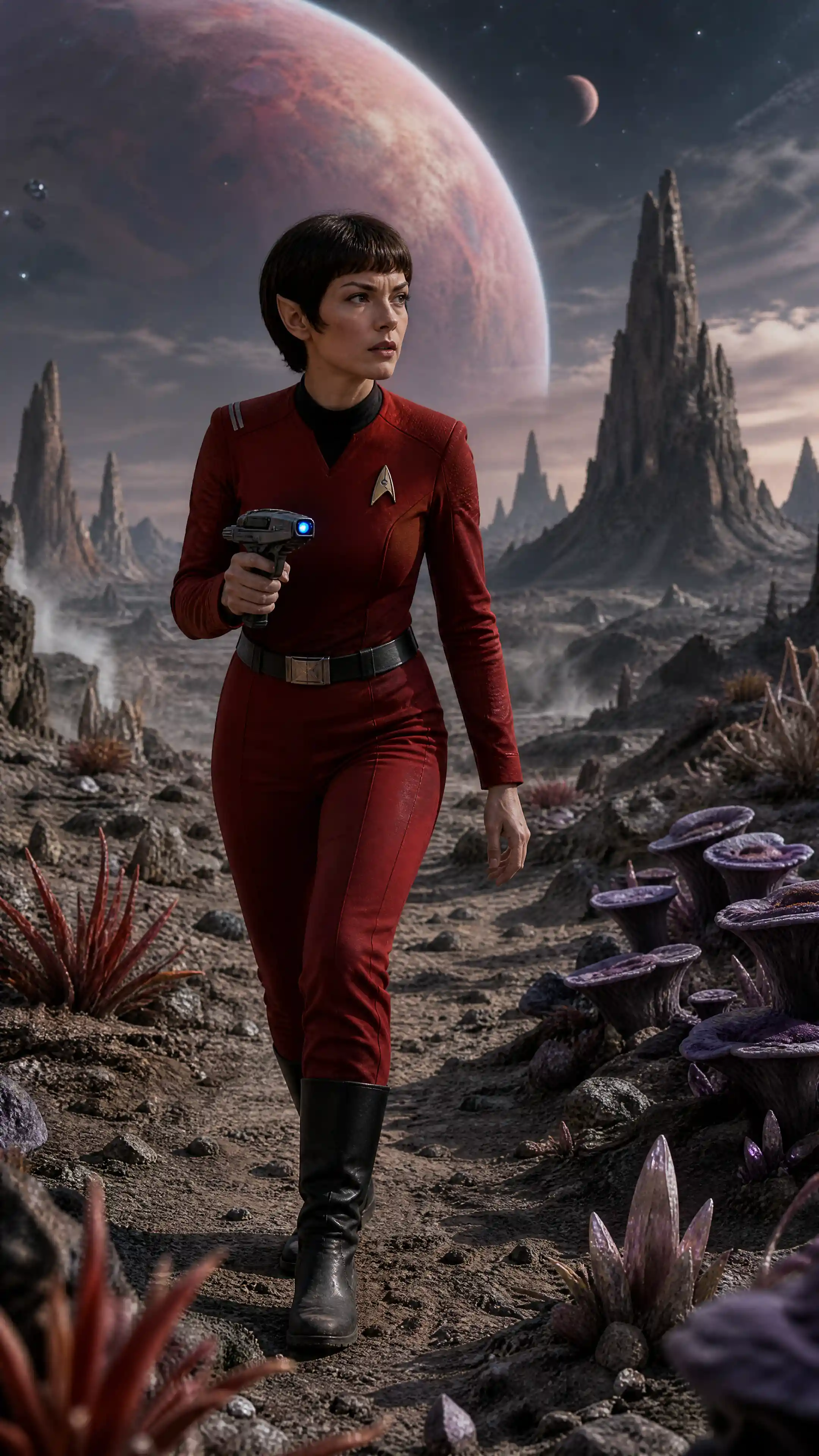 Andorian woman in red uniform walking cautiously on alien world