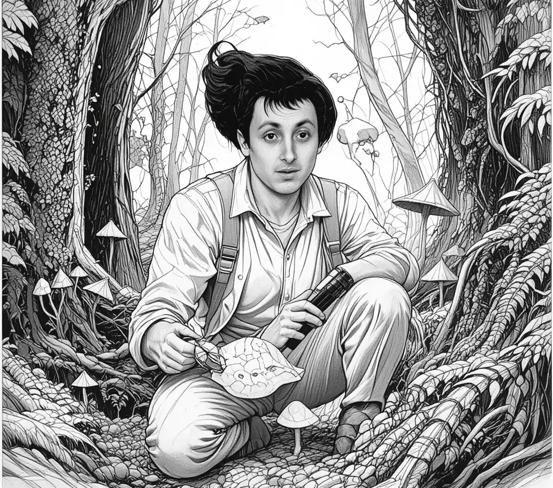 Middle aged botanist studying mushrooms in ancient forest