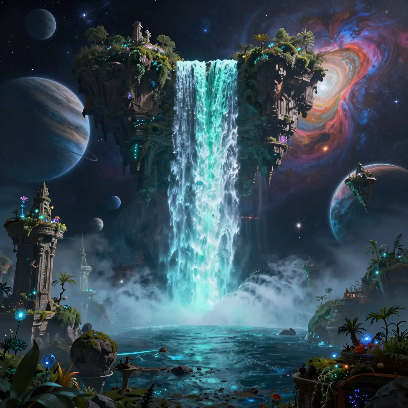 Celestial waterfall pouring from a floating island into space