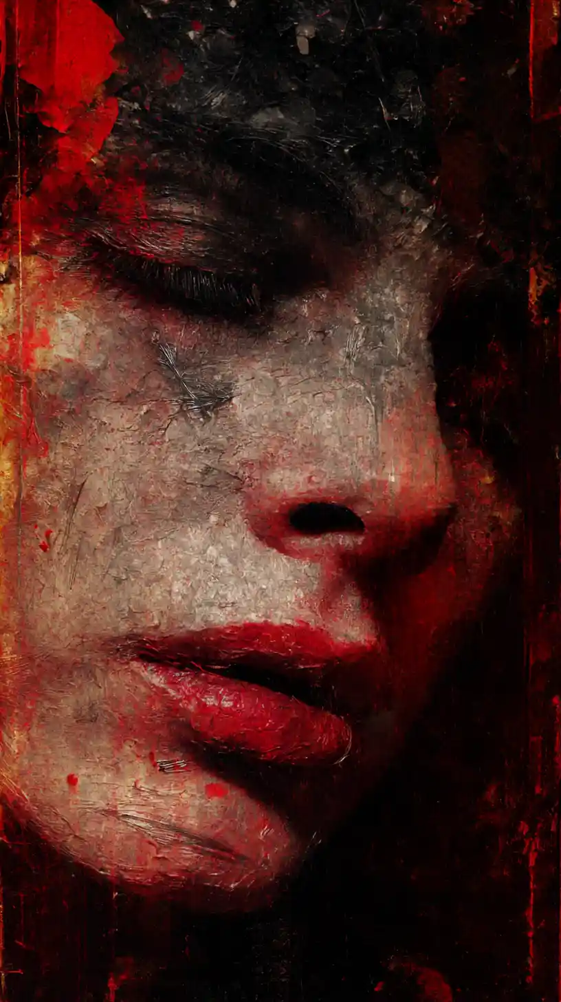 Shadowy humanscape in thick tactile red oil painting