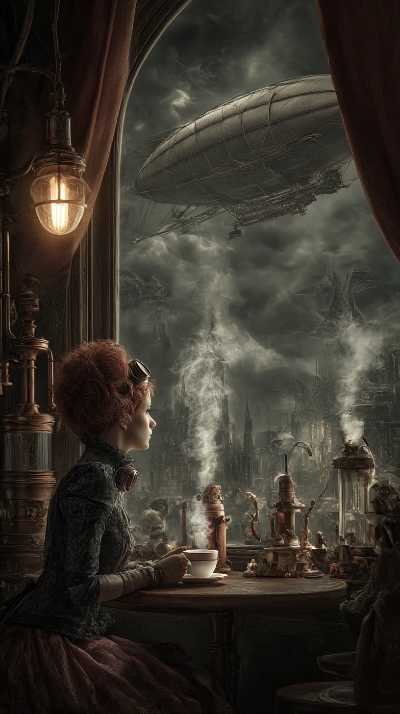 Cafetería victoriana steampunk con joven disfrutando de un café