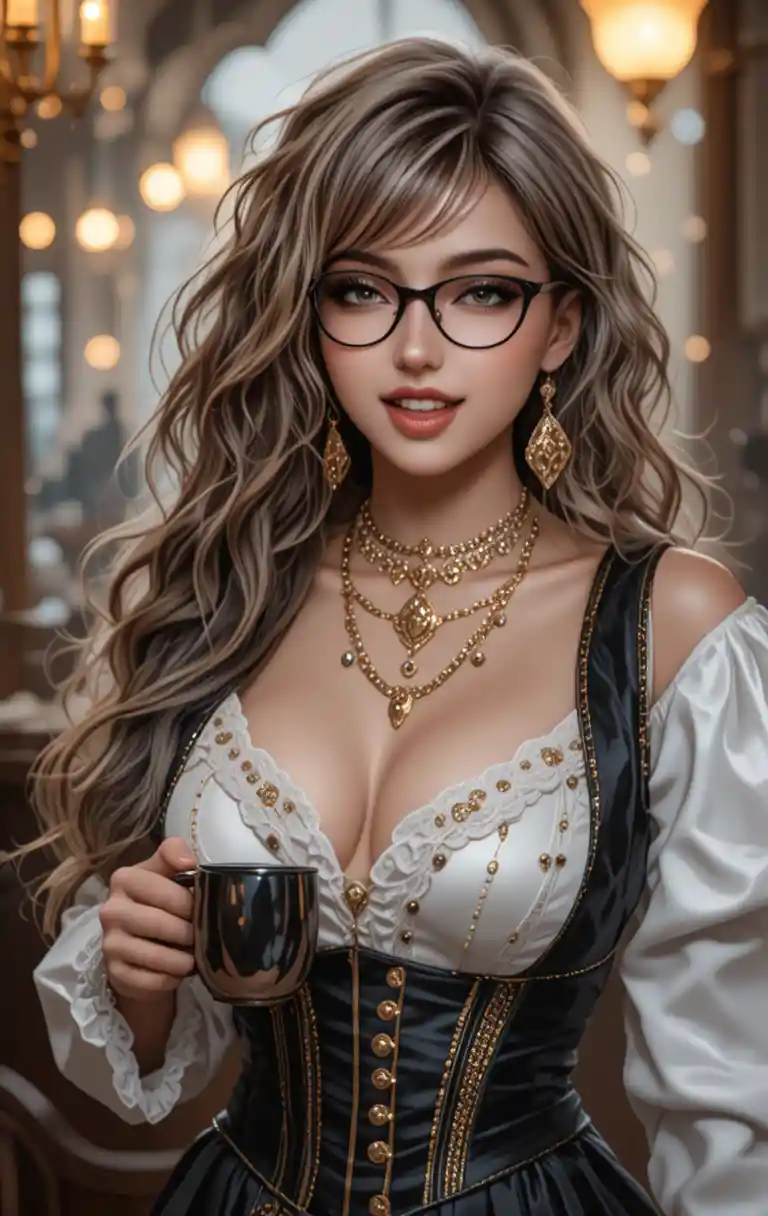 Glamorous woman captain in satin steamboat attire at night