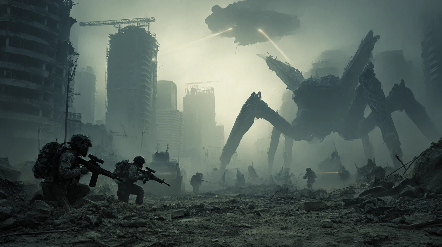 Humans fight alien walkers in a ruined futuristic city