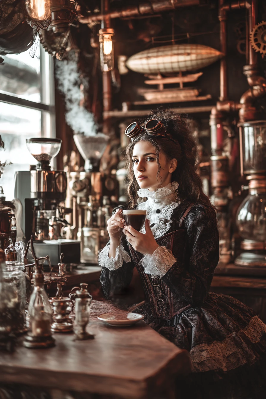 Victorian steampunk coffeehouse with a young woman drinking coffee