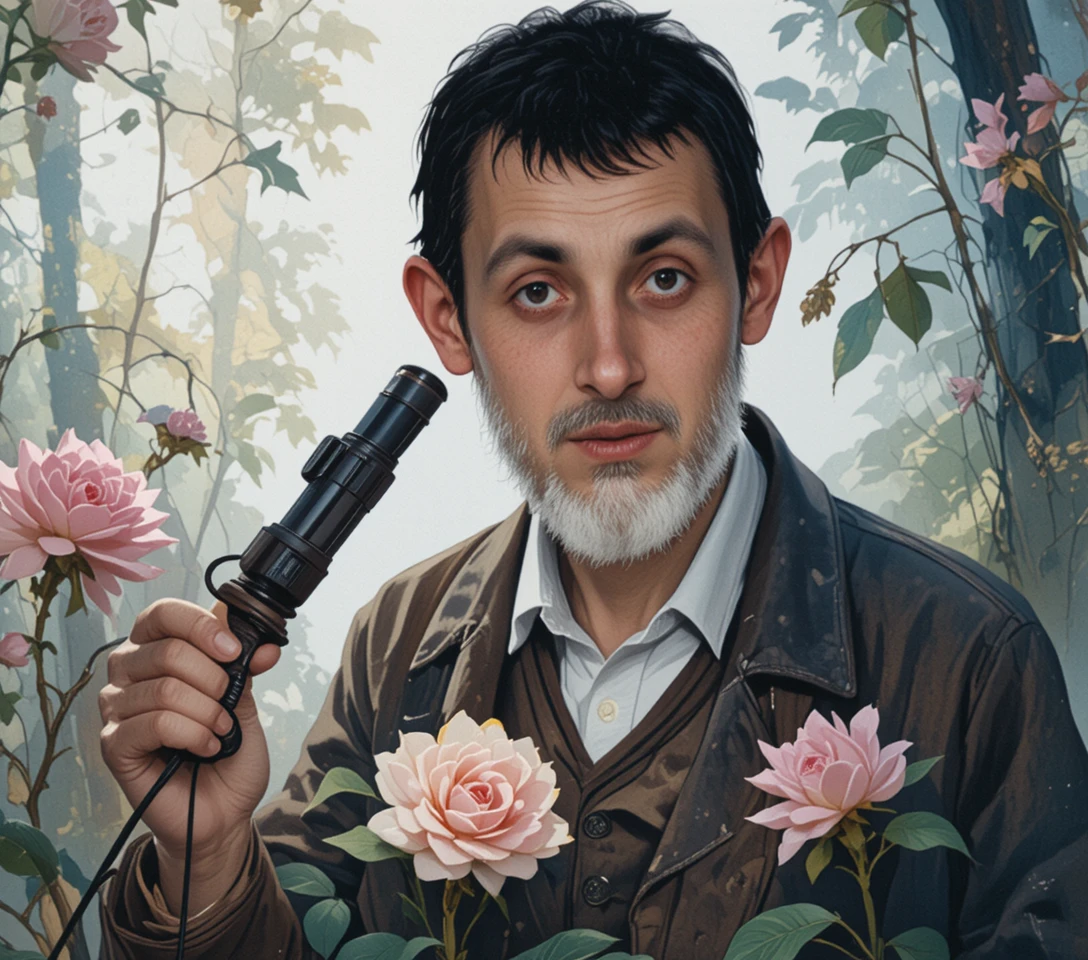 Botánico estudiando flores raras del bosque con lupa