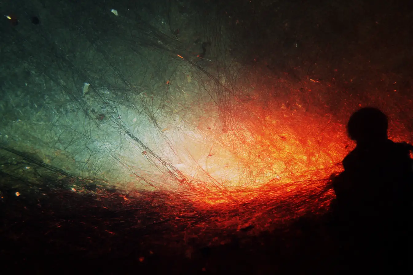 Surreal abstract humanscape in deep red tactile paint