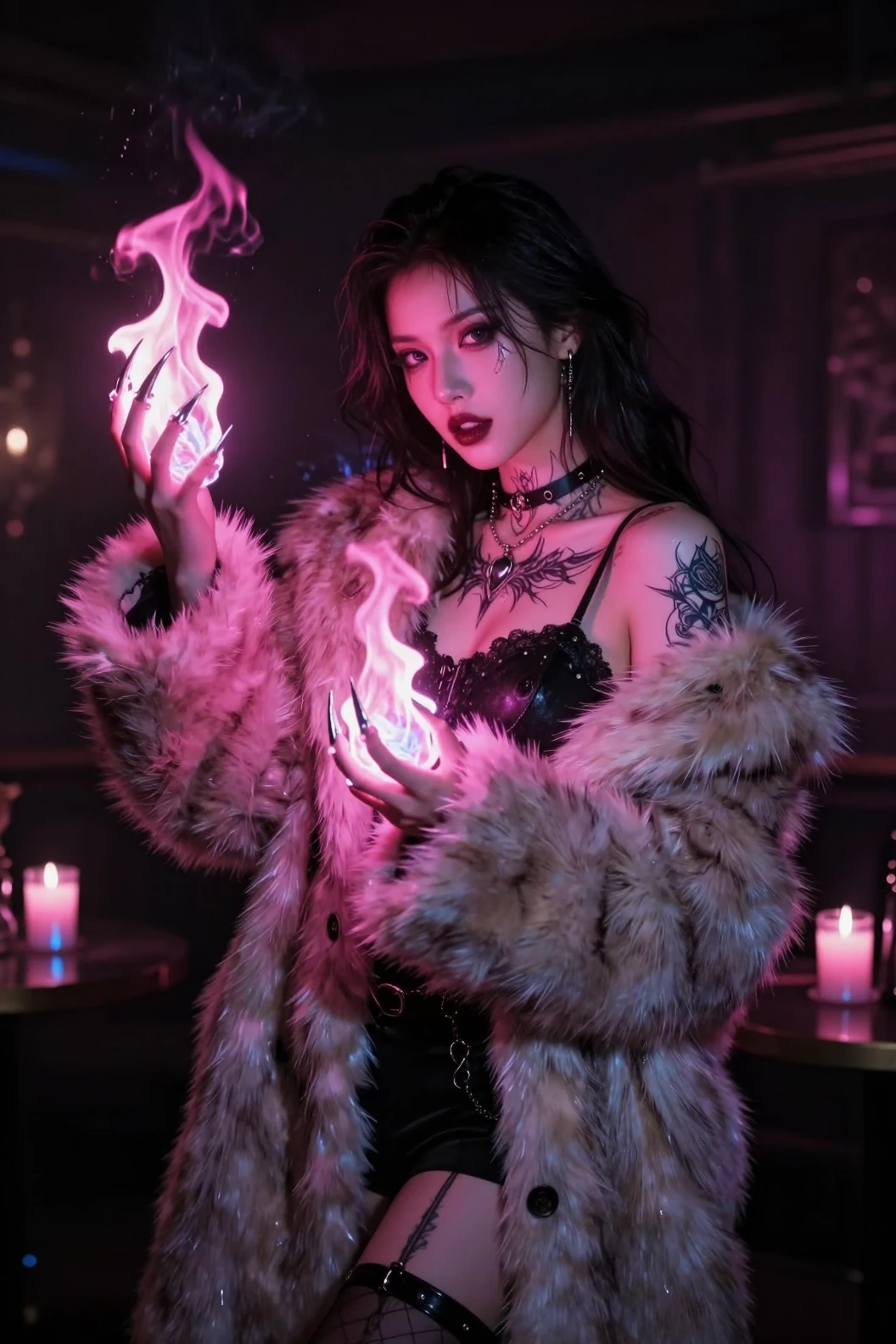 Cyber-Hexe, die rosa Feuer in einem okkulten Nachtclub beschwört
