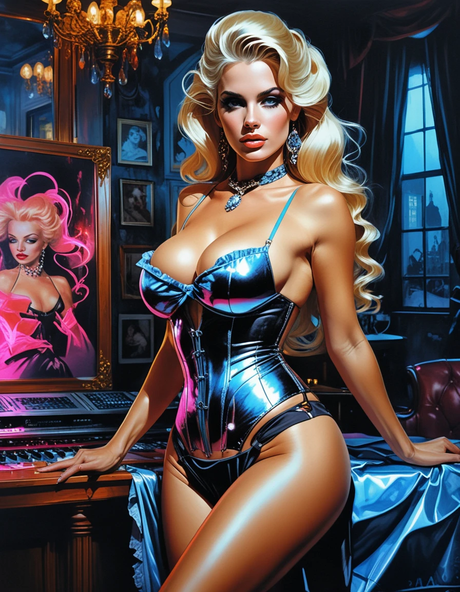 Pin-up cortigiana biondo platino in couture barocca