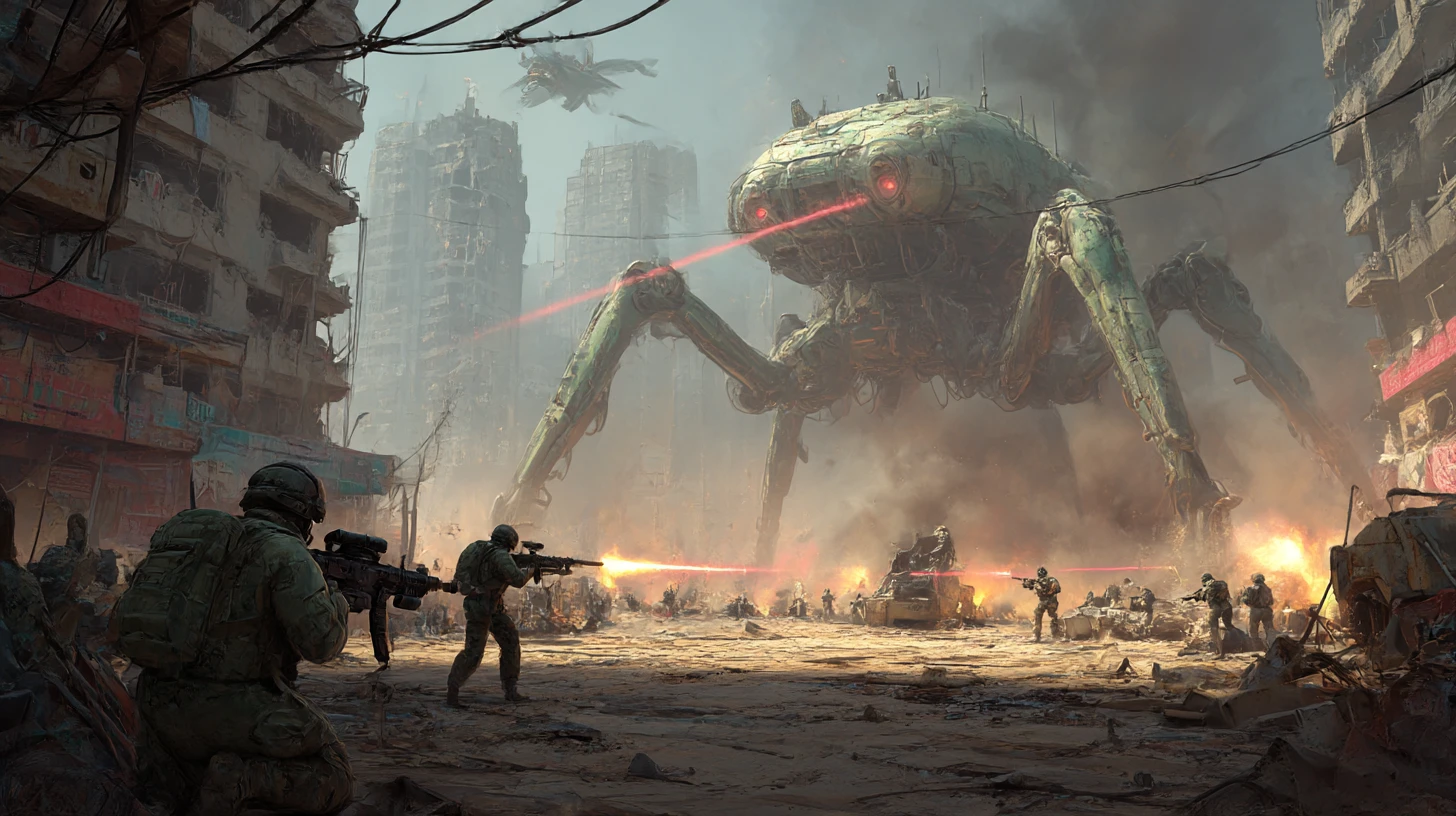 Human soldiers battle alien walkers in a ruined city