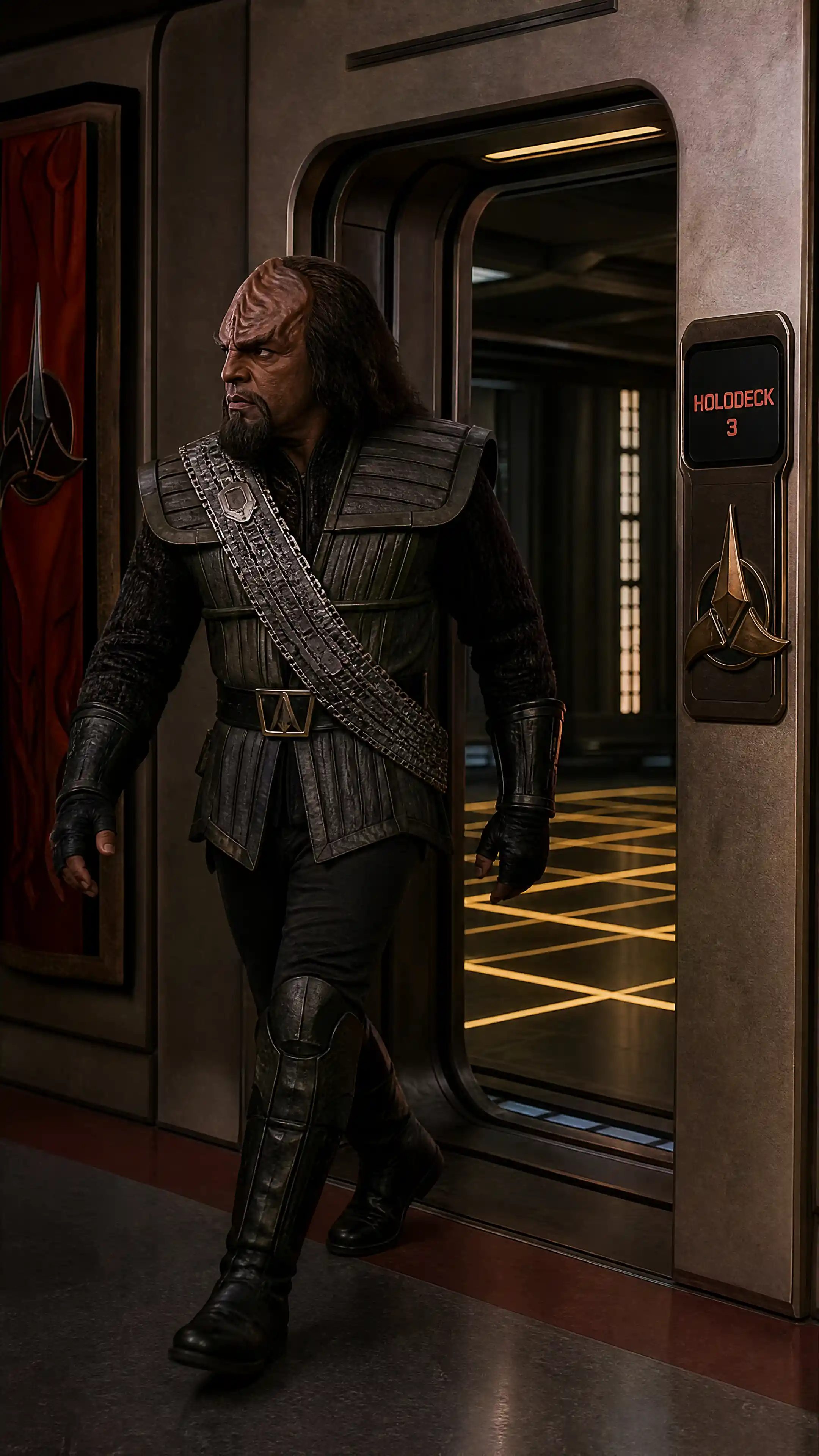 Klingon warrior leaving a holodeck room and turning left