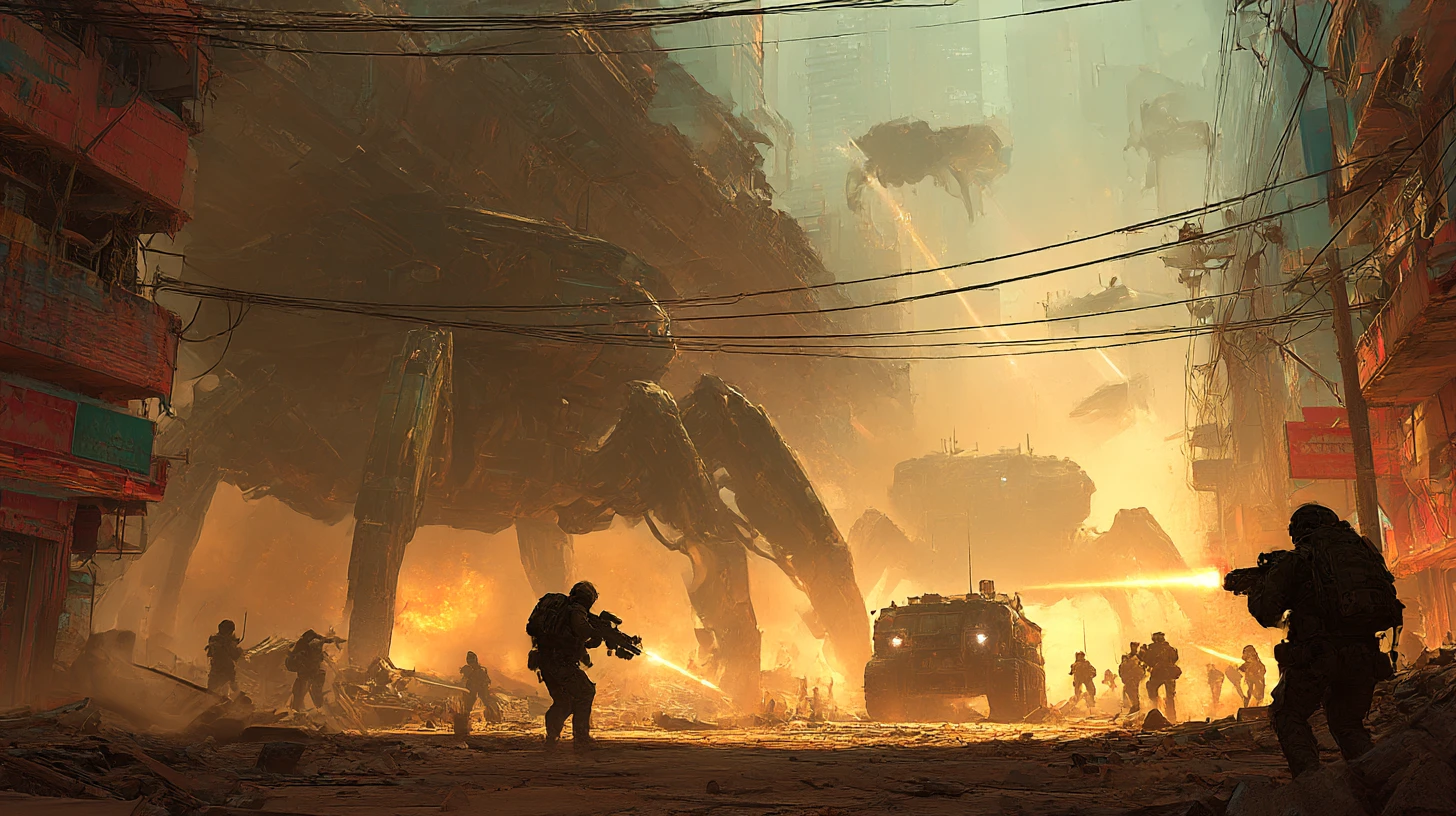 Humans Battle Alien Walkers In A Ruined Future City
