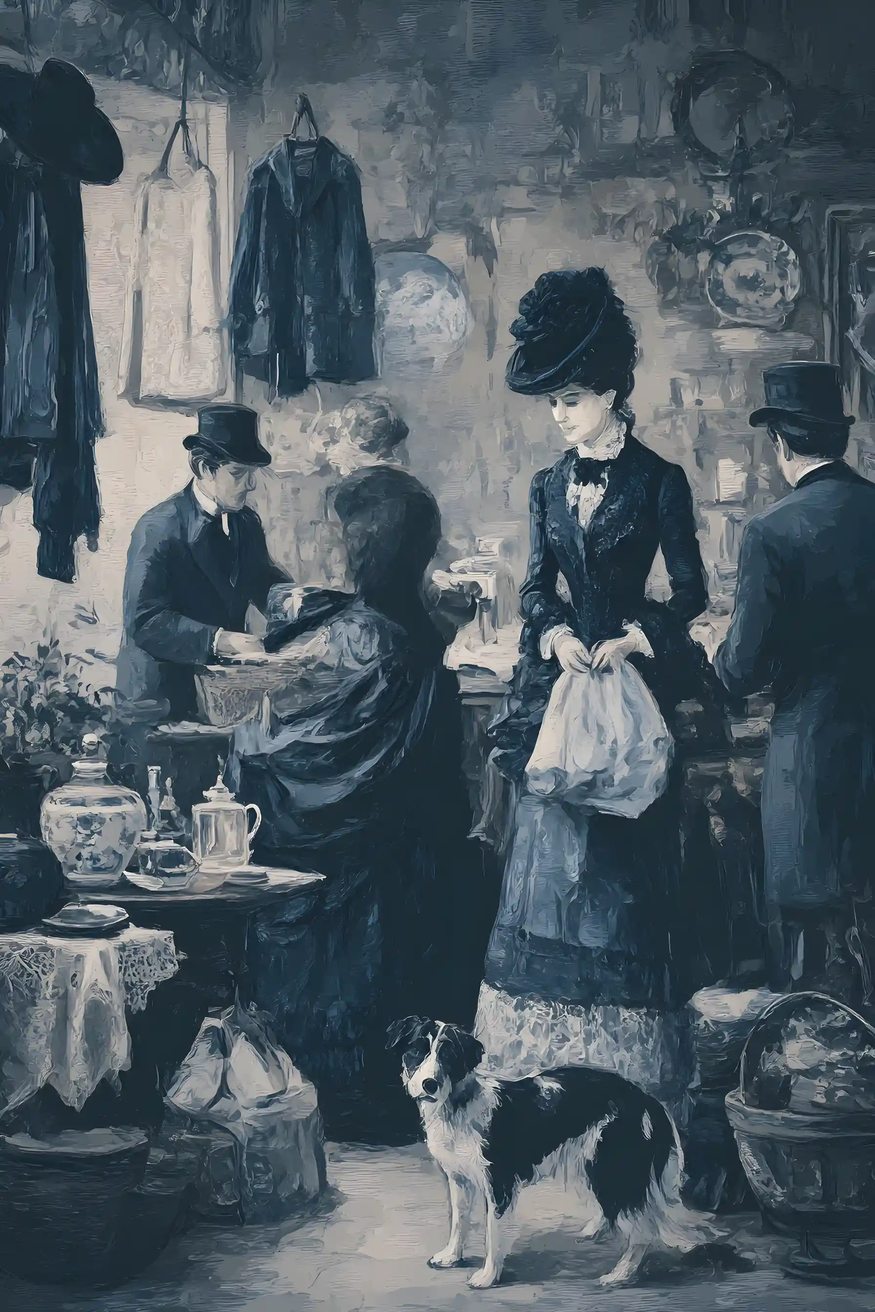 Victorian daily life on a dark indigo city street