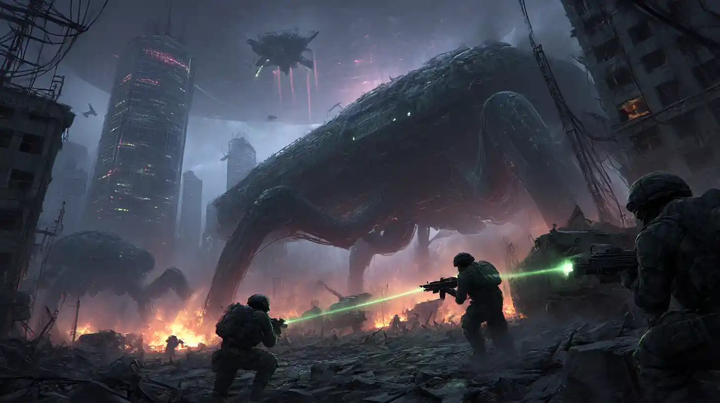 Menschen unter Belagerung in futuristischer Alien-Invasionsschlacht
