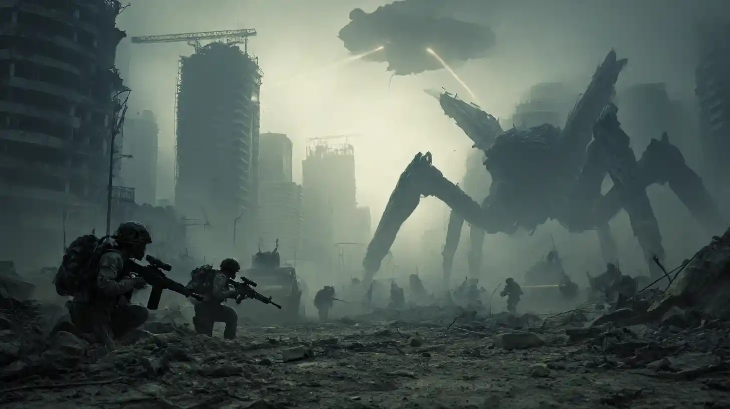 Humans fight alien walkers in a ruined futuristic city