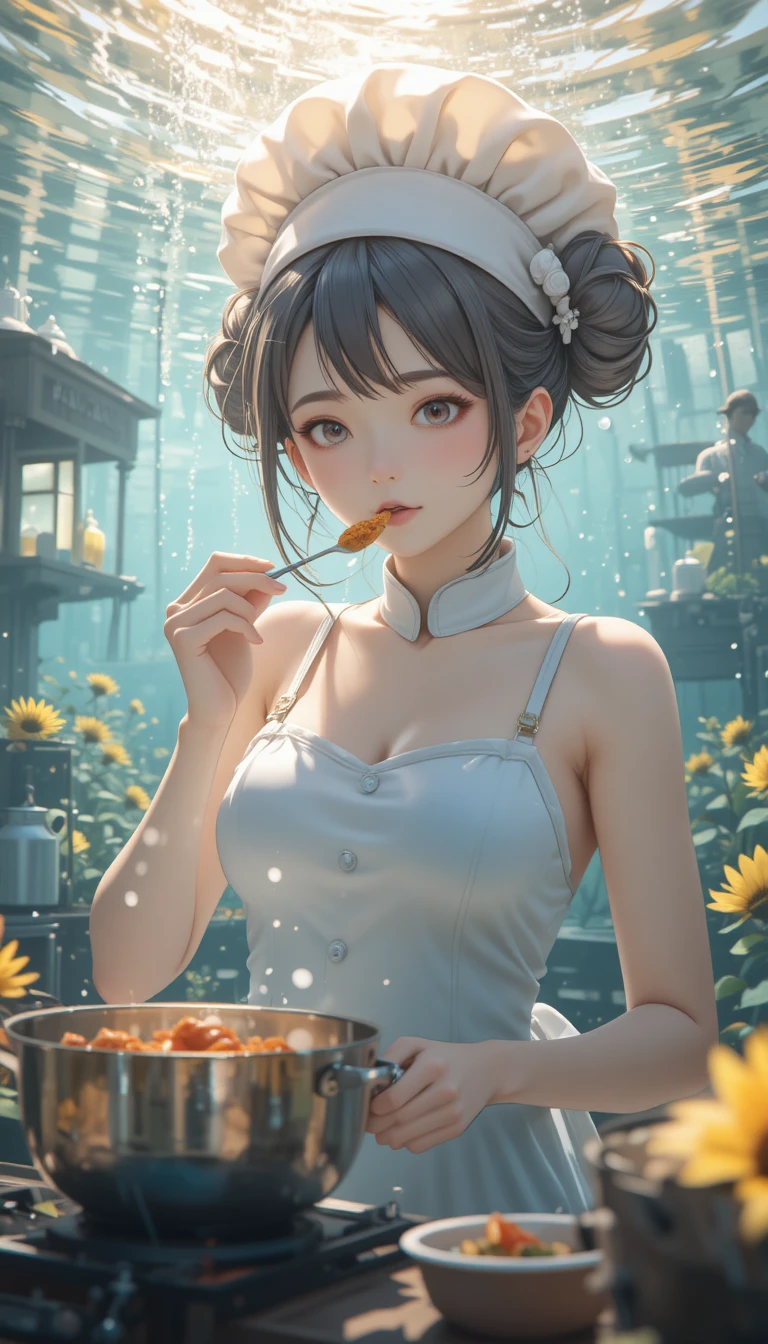 Chica anime chef probando comida en una cocina submarina de ensueño
